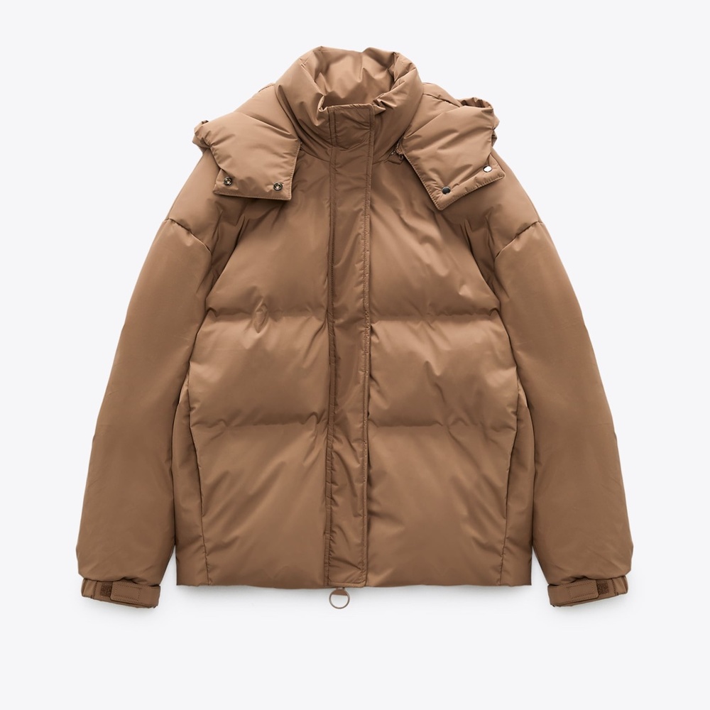 NWT ZARA HOODED QUILTED JACKET SAND/BROWN XL